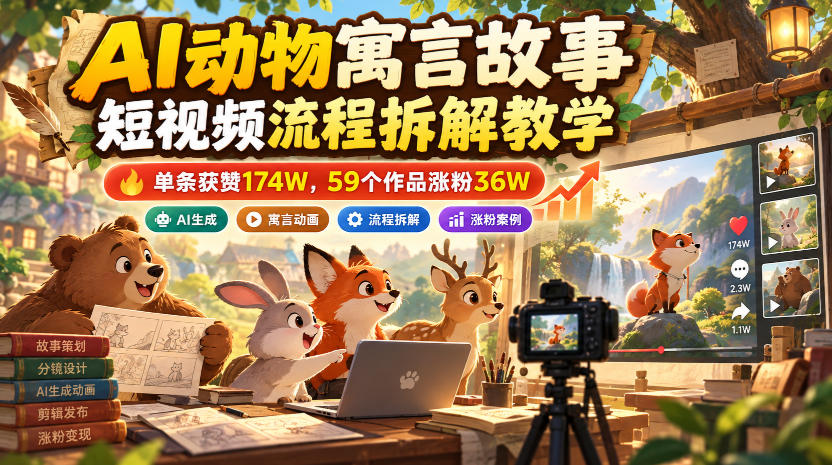 AI动物寓言故事短视频流程拆解教学，单条获赞174W，59个作品涨粉36W-副业网