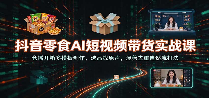 抖音零食AI短视频带货实战课：仓播开箱多模板制作，选品找原声，混剪去重自然流打法-副业网