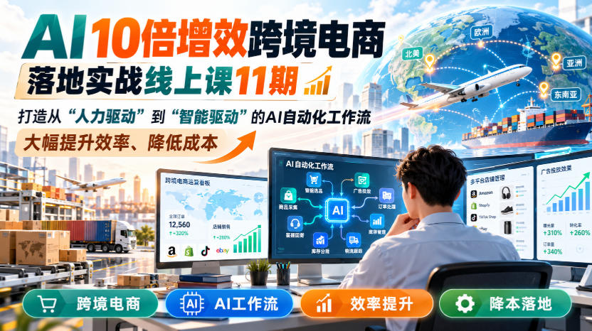 AI 10倍增效跨境电商落地实战线上课11期，打造从人力驱动到智能驱动的AI自动化工作流，大幅提升效率、降低成本-副业网
