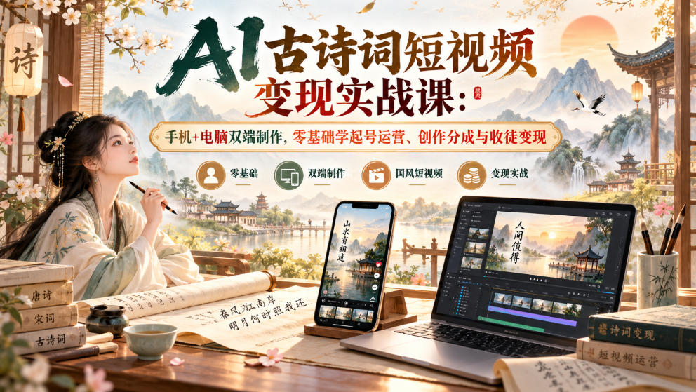 AI古诗词短视频变现实战课：手机+电脑双端制作，零基础学起号运营、创作分成与收徒变现-副业网