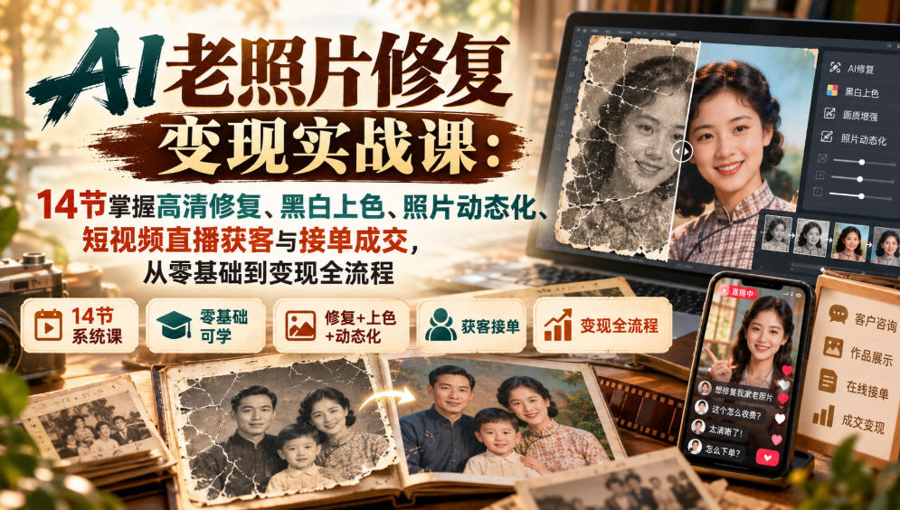 AI老照片修复变现实战课：14节掌握高清修复、黑白上色、照片动态化、短视频直播获客与接单成交，从零基础到变现全流程-副业网