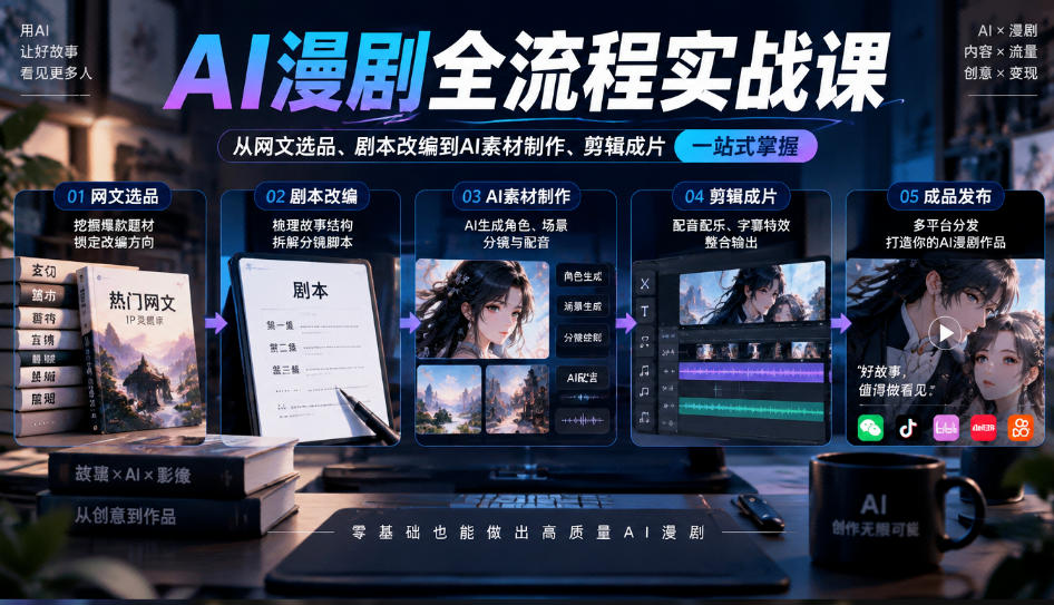 AI漫剧全流程实战课，覆盖从网文选品、剧本改编到AI素材制作、剪辑成片的完整链路-副业网