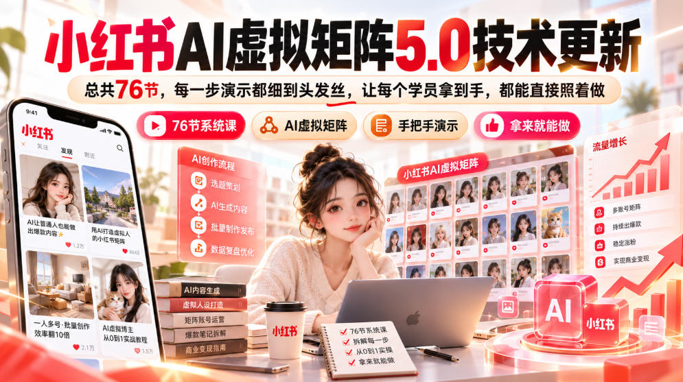 小红书AI虚拟矩阵5.0技术更新，总共76节，每一步演示都细到头发丝，让每个学员拿到手，都能直接照着做-副业网