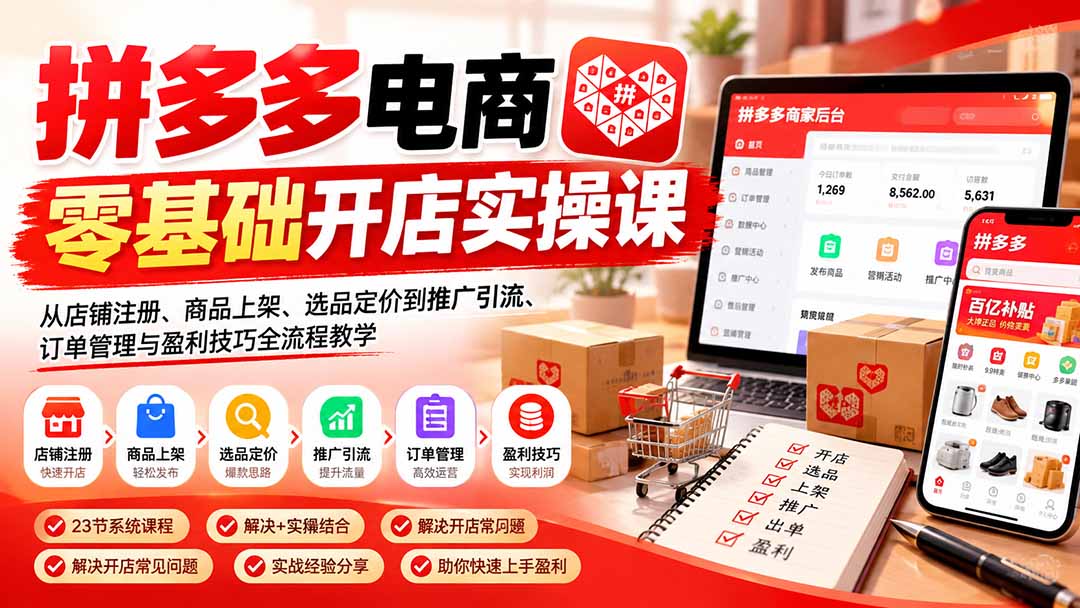 拼多多电商零基础开店实操课：从店铺注册、商品上架、选品定价到推广引流、订单管理与盈利技巧全流程教学-副业网
