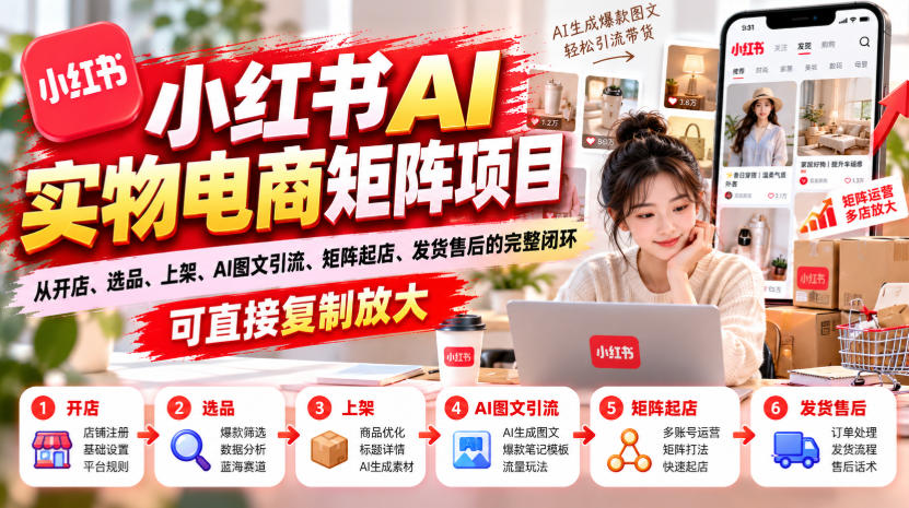 小红书AI实物电商矩阵项目，从开店、选品、上架、AI图文引流、矩阵起店、发货售后的完整闭环，可直接复制放大-副业网