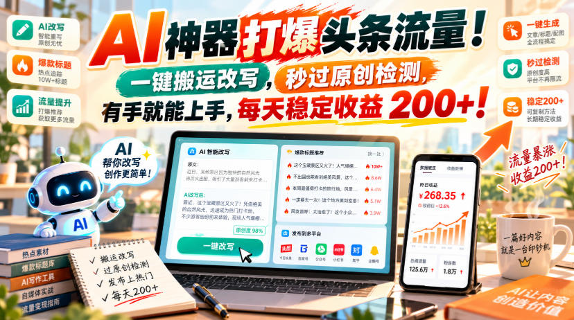 AI神器打爆头条流量，一键搬运改写，秒过原创检测，有手就能上手，每天稳定收益200+！【揭秘】-副业网