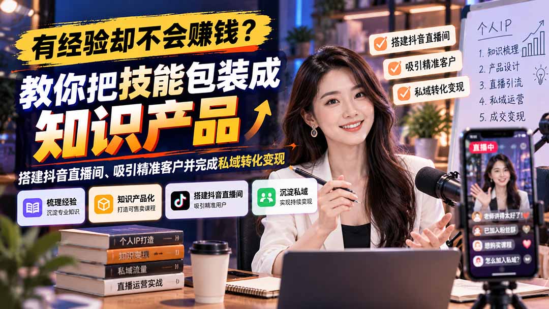 有经验却不会赚钱？教你把技能包装成知识产品，搭建抖音直播间、吸引精准客户并完成私域转化变现-副业网