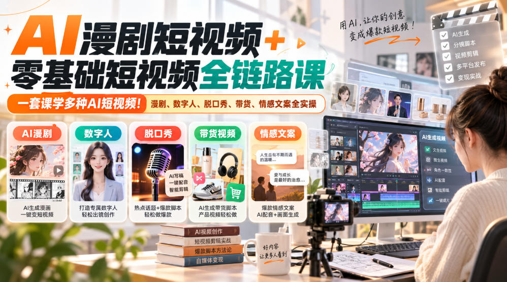 AI漫剧短视频+零基础短视频全链路课，一套课学多种AI短视频！漫剧、数字人、脱口秀、带货、情感文案全实操-副业网