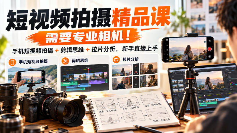 短视频拍摄精品课，需要专业相机！手机短视频拍摄+剪辑思维+拉片分析，新手直接上手-副业网