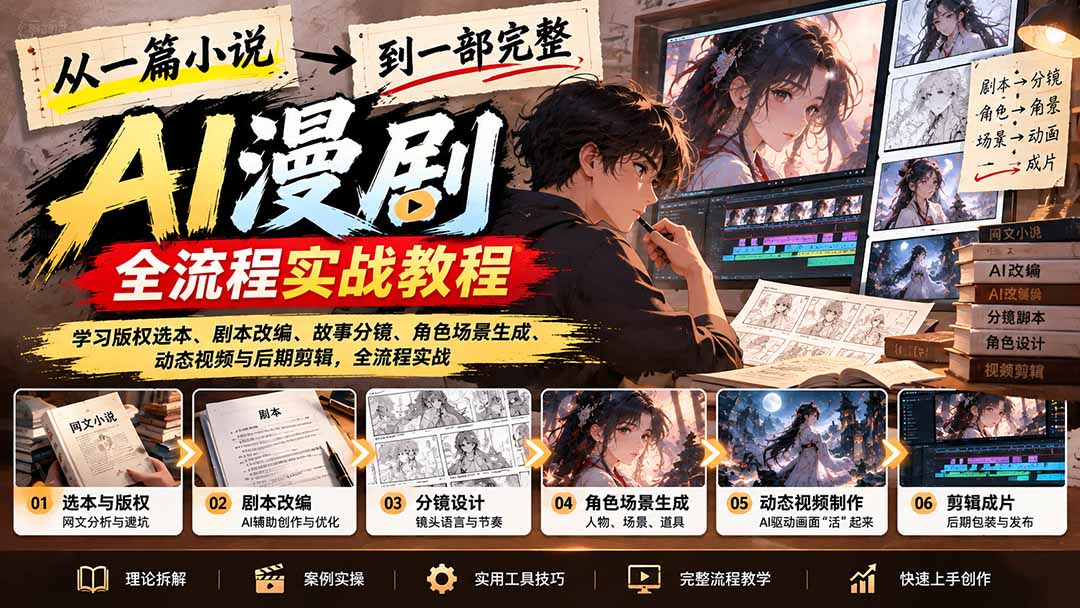 从一篇小说到一部完整AI漫剧:学习版权选本、剧本改编、故事分镜、角色场景生成、动态视频与后期剪辑-副业网