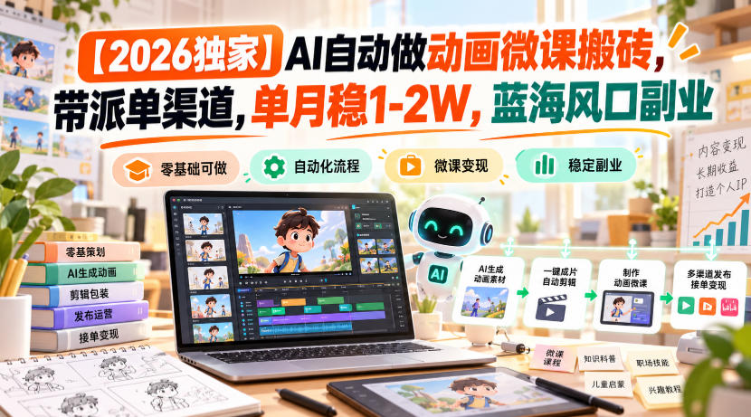 【2026独家】AI自动做动画微课搬砖，带派单渠道，单月稳1-2W，蓝海风口副业【揭秘】-副业网