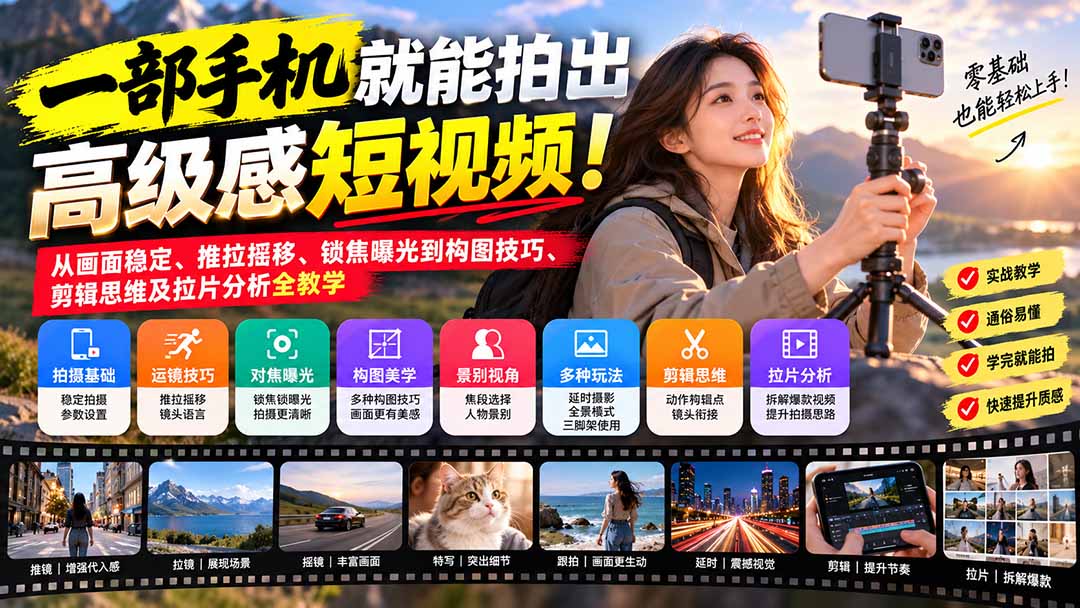 图片[2]-一部手机就能拍出高级感短视频！从画面稳定、推拉摇移、锁焦曝光到构图技巧、剪辑思维及拉片分析全教学-副业网
