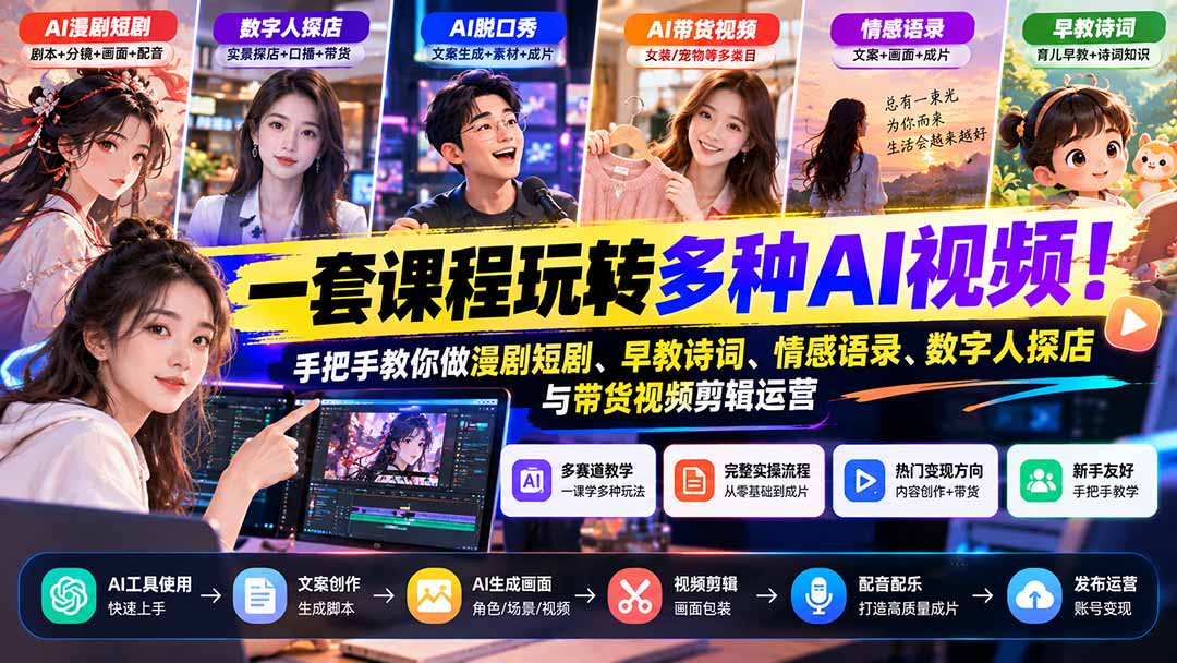 【无水印】一套课程玩转多种AI视频!手把手教你做漫剧短剧、早教诗词、情感语录、数字人探店与带货视频剪辑运营-副业网