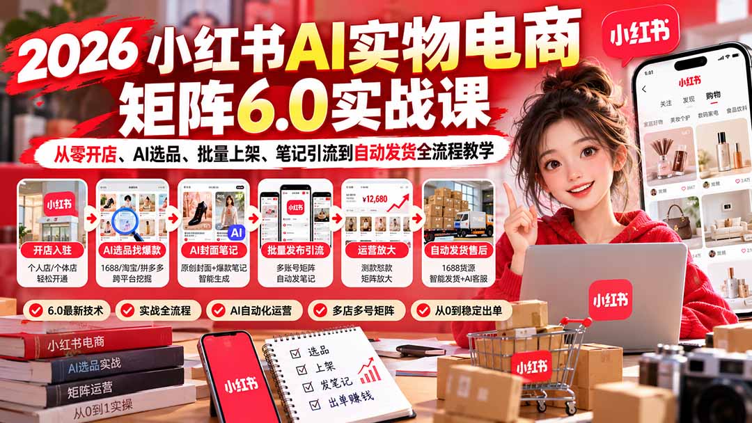 图片[2]-2026小红书AI实物电商矩阵6.0实战课：从零开店、AI选品、批量上架、笔记引流到自动发货全流程教学-副业网
