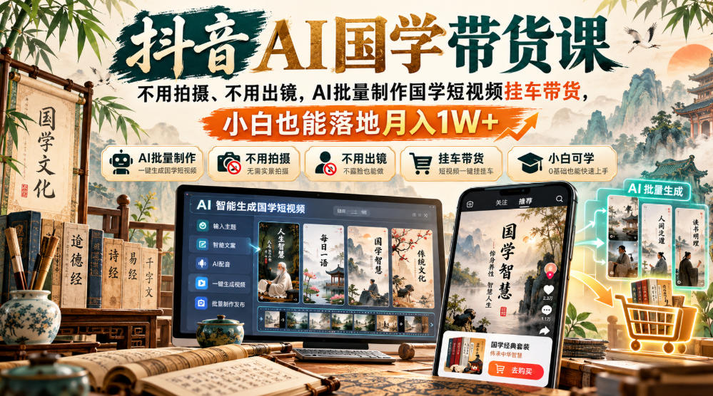 抖音AI国学带货课,不用拍摄、不用出镜,AI批量制作国学短视频挂车带货,小白也能落地月入1W+-副业网