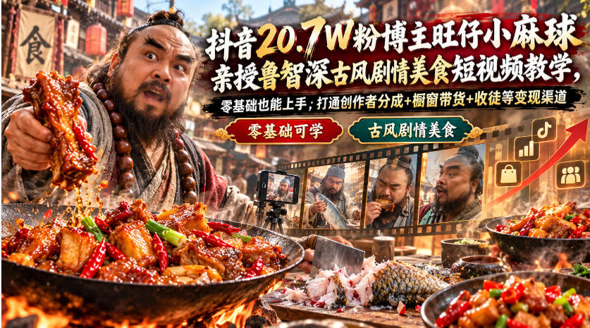 抖音20.7W粉博主旺仔小麻球亲授鲁智深古风剧情美食短视频教学，零基础也能上手，打通创作者分成+橱窗带货+收徒等变现渠道-副业网